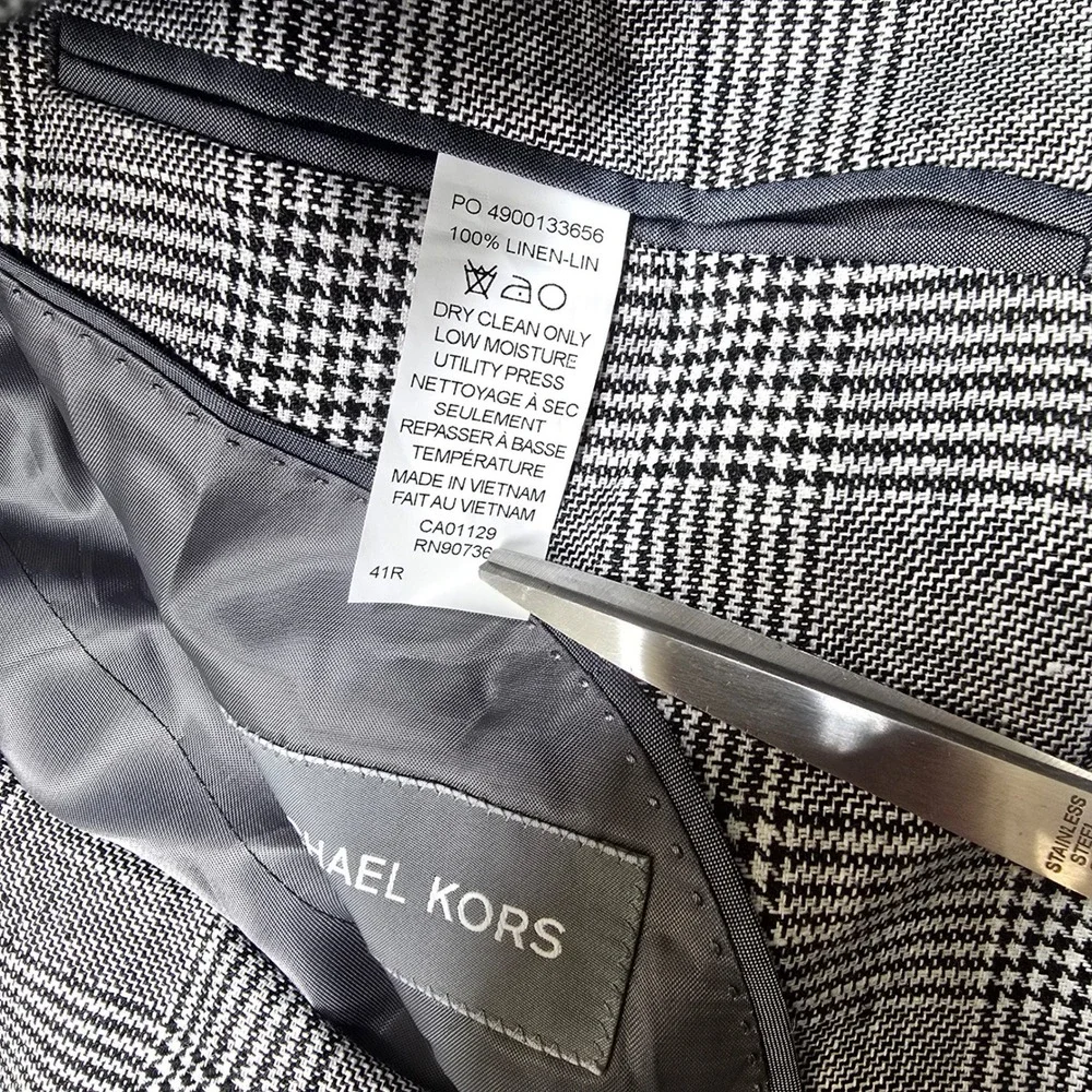 Michael‎ Kors Linen Sport Coat Mens 41R Large Black White Plaid Classic Fit NEW